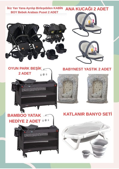 Yeni Doğan İkiz Bebek Çeyiz Seti Beşik Bebek Arabası Ana Kucağı Banyo Seti Baby Nest Siyah5