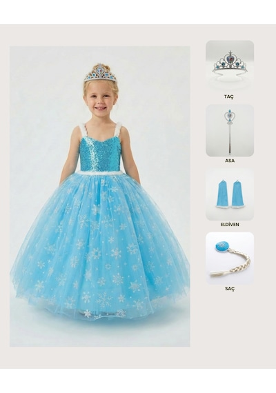 Butikhappykids Frozen Elsa Kostümü Askılı Kız Çocuk Prenses Elbisesi Taç Asa Eldiven Saç Hediyeli Mavi