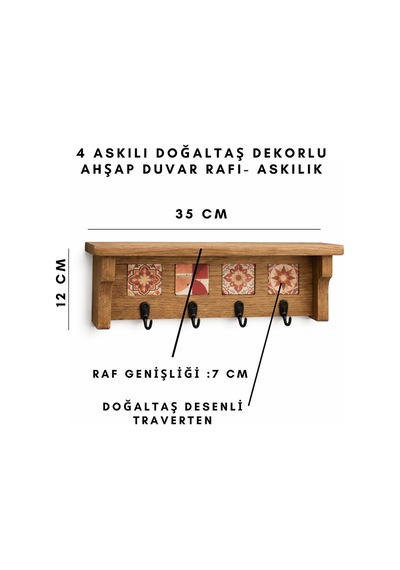 4 Askılı Doğaltaş Dekorlu Ahşap Duvar Düzenleyici Giriş Holü Anahtarlığı, Mutfak Ve Banyo Duvar Rafı 35x12-4 Asklılı