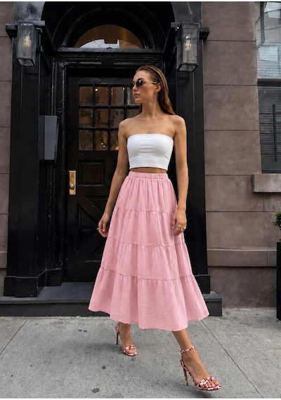 Bisou Pembe Beli Lastikli Volan Detaylı Astarlı Yazlık Maxi Etek Pembe