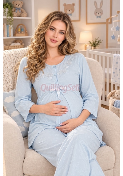Quilling Lady Bebe Mavi Renkli, Dantel Detaylı 33209 Uzun Kol, 2 Parça Lohusa Hamile Pijama Takımı Açık Mavi M - L
