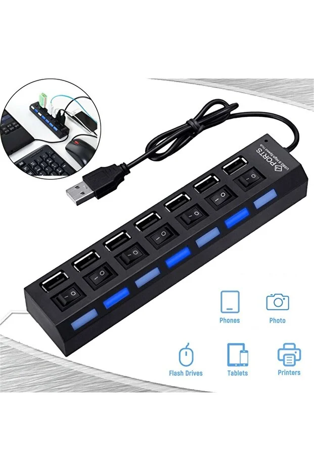 7 Port Usb Çoklayıcı Hub Anahtarlı Aç/kapa Düğmeli Işıklı Usebe Çoğaltıcı Hub Switch Tak Çalıştır