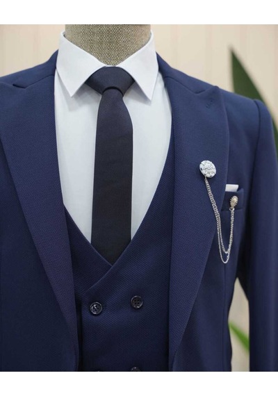 Beystil Sivri Yaka Lacivert Takım Elbise Petek04 - Slim Fit Lacivert