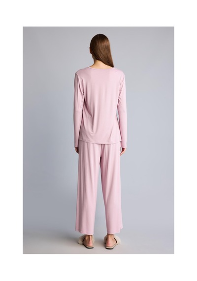 Defacto Regular Fit V Yaka Uzun Kollu Üst Geniş Kesim Alt Pijama Takımı H9101ax26aubr488 Bordo-br488