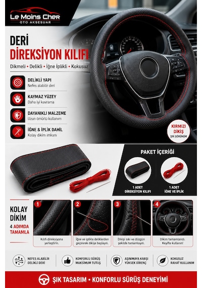 Alfa Romeo 147 Collezione Kırmızı Deri Direksiyon Kılıfı Dikmeli Delikli İğne İplikli Kokusuz