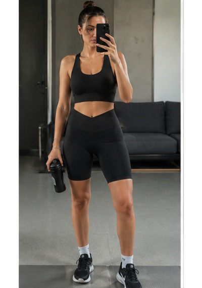 Cocosushicooo Kadın Siyah Spor Takım Esnek Kumaş Yüksek Bel Biker Tayt Ve Spor Büstiyer Takım