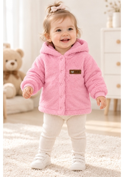Beniizle Kapüşonlu Unisex Welsoft Yumuşak Dokulu Çıtçıtlı Kışlık Bebek Hırkası Pembe