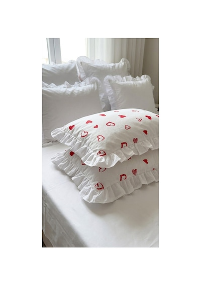 %100 Pamuklu Kalp Desenli Fırfırlı Yastık Kılıfı 2 Adet 50x70 Cm Bej - 863747383 Bej