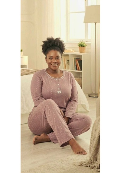 Miss Melina Bambu Pamuk Uzun Kol Kadın Pijama Takımı Puanlı - 9039679107582 Pudra