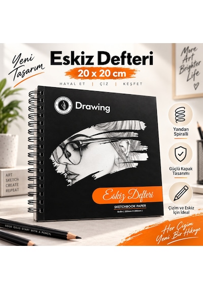 Dreamart Galery Eskiz Defteri 20x20 50 Yaprak Bej Kağıt Spiralli Sert Kapak Karakalem Çizim Defteri