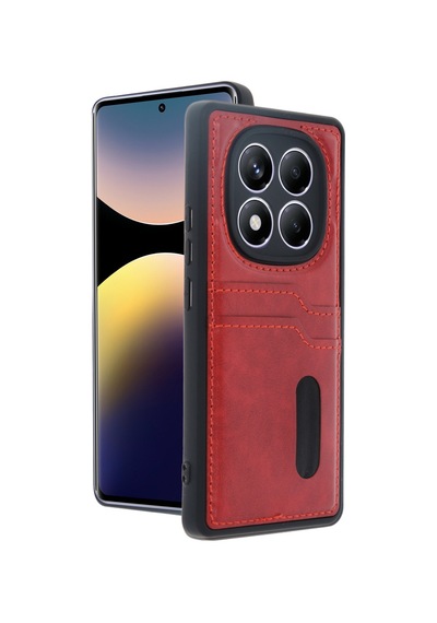 Xiaomi Redmi Note 14 Pro 5g Uyumlu Deri Kartvizitli Kartlıklı Premium Telefon Kılıfı Kapak Kırmızı