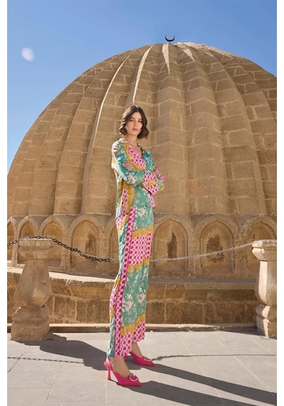 Monamise Kadın Çiçek Ve Yaprak Desenli Pijama Takımı 23001 Çok renkli