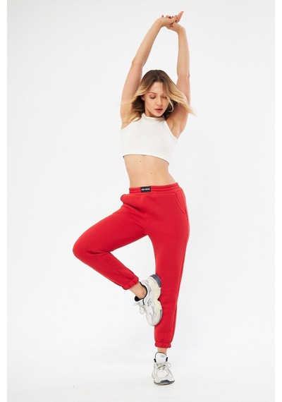 Lesa Wear Yüksel Bel Jogger Şardonlu Eşofman Altı Paçası Lastikli Kırmızı