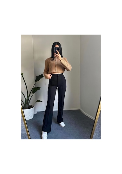 Unika Boutique Krep Kumaş Likralı Ön Çimalı İspanyol Paça Palazzo Kadın Pantalon siyah