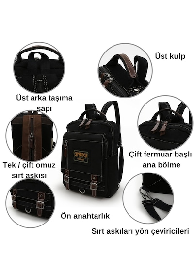 Cappadocia Vintage 4012 Siyah Küçük Sırt Çapraz Omuz Askılı 14 İnç Laptop Çantası Siyah