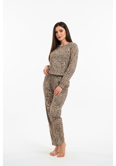 Bisiklet Yaka Süet Pijama Takımı 6006 Leopar Kahverengi