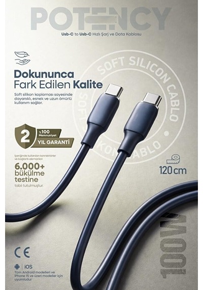 100w Potency Type-c To Type-c Isıya Dayanıklı Hızlı Şarj Ve Data Kablosu 1.2m Siyah