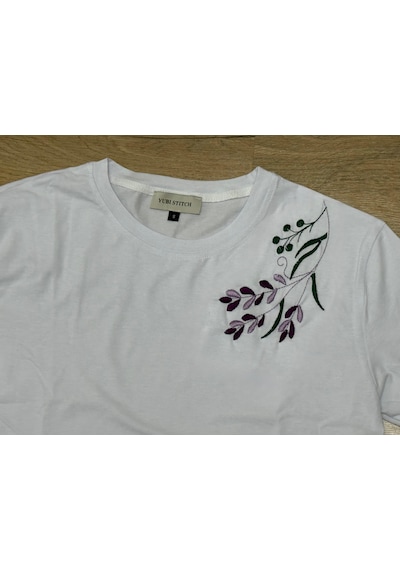 Yubistitch Tshirt Nakış İşlemeli Lavanta-1- Penye-beyaz