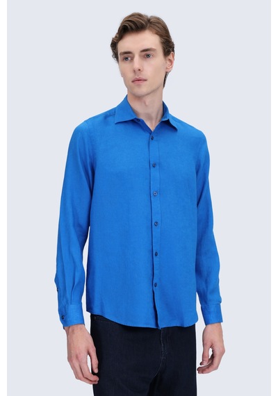 Hatemoğlu Mavi Comfort Fit Düğmeli Yaka %100 Keten Uzun Kollu Casual Gömlek