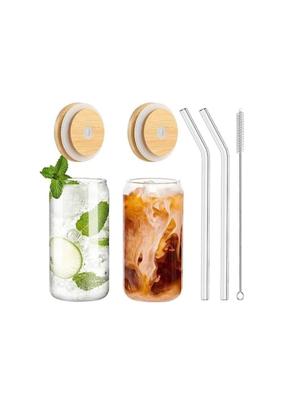 Bambu Kapaklı 2 Li Cam Bardak Seti - 300ml Isıya Dayanıklı Cam Pipetli Ve Fırçalı Şeffaf