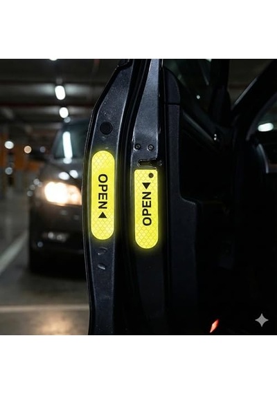 Reflektif Araç Kapı Uyarı Stickerı 2'li Set Gece Görünür Güvenlik Bandı Yapışkanlı, Suya Dayanıklı, Open Yazılı Kapı Açılınca Uyarı Etiketi Sarı Renk Abanoz