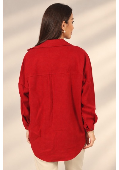 By Saygı Kadın Kapaklı Çift Cepli Önü Düğmeli Kaşe Oversize Gömlek Kırmızı