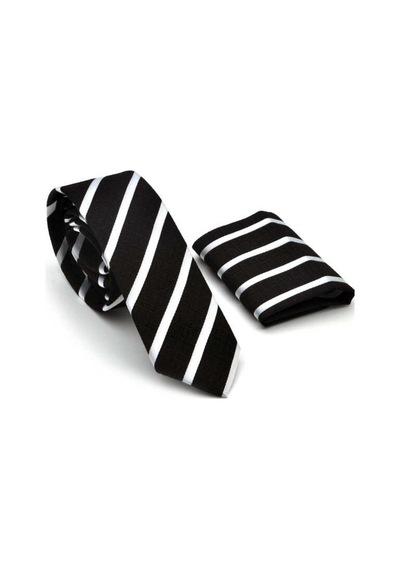 Gaffy Beyaz Verev Çizgili Siyah Dokuma Kumaş Mendilli Slim Fit Kravat Siyah