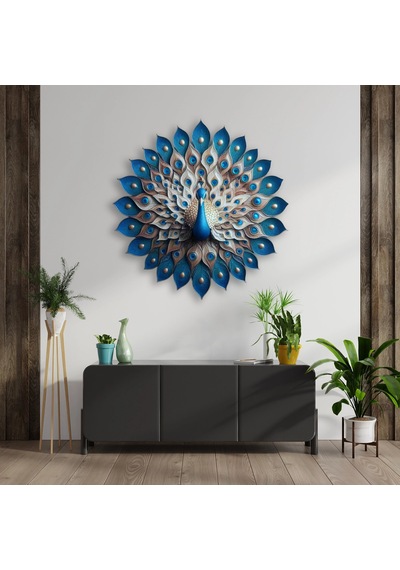 Mavi Tavuskuşu Simetrik - Metal Tablo - Dec0113 90 X 90 Cm Çok Renkli