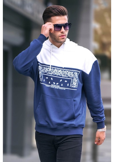Madmext Lacivert Kapüşonlu Desenli Sweatshirt 6022 Lacivert
