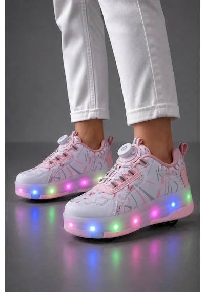 Odin Tekerlekli Işıklı Çocuk Spor Ayakkabı Rahat Patenli Sneaker - Pembe