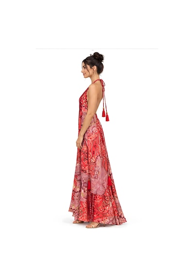 Lili Woman Kadın Kırmızı Ombreli Batik Desenli Halter Yaka Otantik Maxi Elbise Mo.melb01k