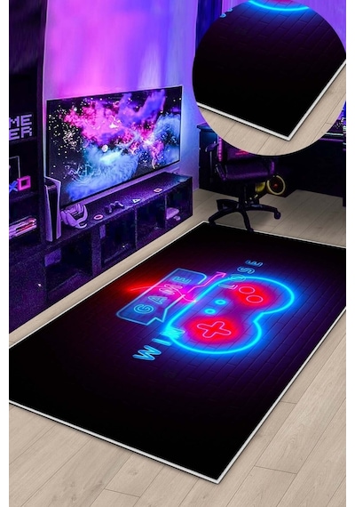 West Home Gamer Halısı Yıkanabilir Kaymaz Taban Led Işık Görselli Genç Odası Için Oyuncu Halısı Wh 545 Blue