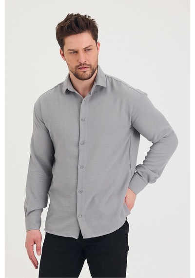 Cool Tarz Erkek Slim Fit Dar Kalıp Uzun Kol Pamuklu Keten Efekt Gömlek Gri Gri