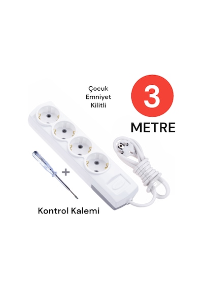 Tek-iş Grup Priz Topraklı 4 Lü 3 Metre + Kontrol Kalemi Çoklu Priz Seyyar Ara Kablo Uzatma Kablosu 0 M