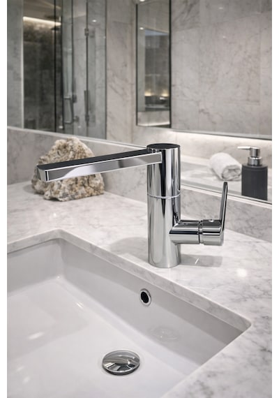 Modern Tek Kollu Krom Lavabo Bataryası Banyo Musluğu Aç-kapa Döner Boru Sıcak Soğuk Parlak Krom