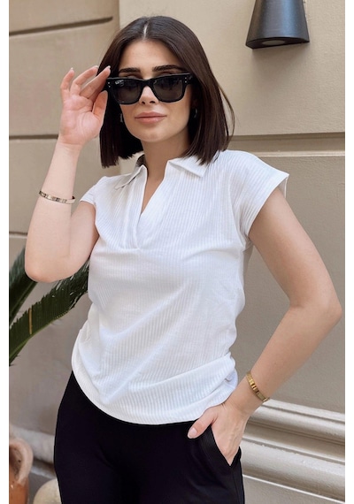 Beyaz Polo Yaka, Kısa Kol, Fitilli Kaşkorşe Kumaş, Basic Kalıp/kesim, Spor Ve Günlük Bluz & T-shirt Beyaz
