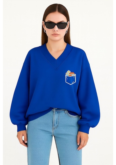 Benroma Cep Papatya Baskılı Ünisex V Yaka Sweatshirt Saks Mavisi