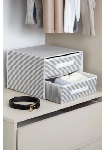 Dolap İçi Kumaş Kaplamalı Mini Çekmece Organizer, Çekmeceli Dolap İçi Düzenleyici, İç Çamaşırı Çorap Tekstil Organizer Kutusu 2 Çekmeceli Açık Gri