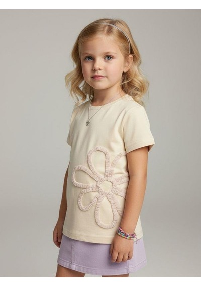 Zekids Kız Çocuk Çiçek Nakışlı Tasarım T-shirt-16889 Krem