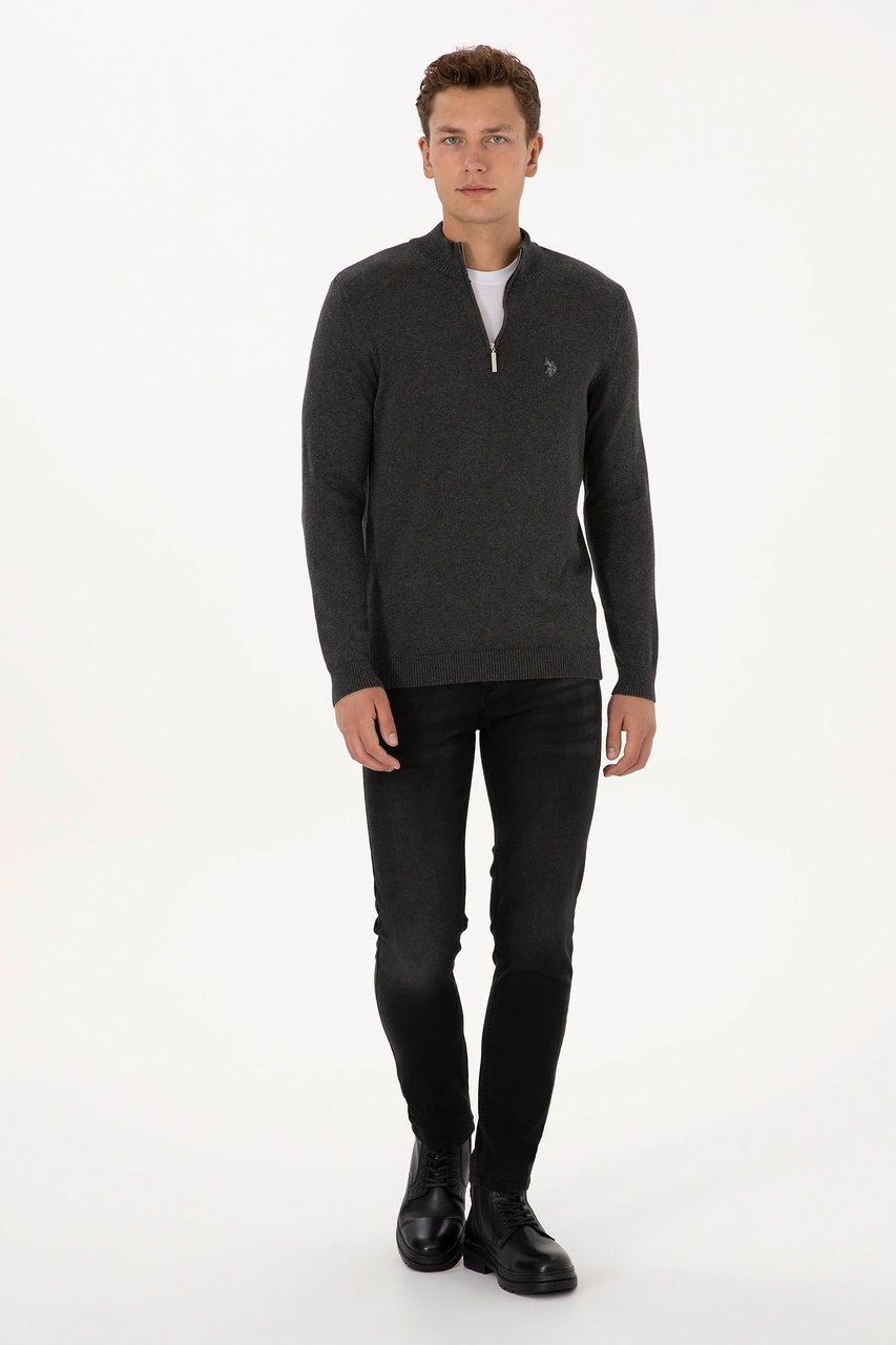 U.S. Polo Assn. Erkek Slim Fit Yarım Fermuarlı Antrasit Melanj Basic Kazak 50313695-VR081