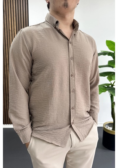 Edwox Erkek Keten Karışımlı Slim Fit Gömlek Vizon Edw499