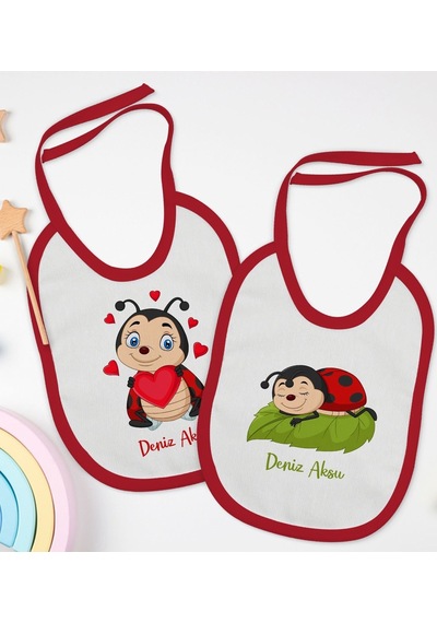 Bk Kids Kişiye Özel Uğur Böceği Tasarımlı 2 Li Kırmızı Mama Önlüğ Kırmızı