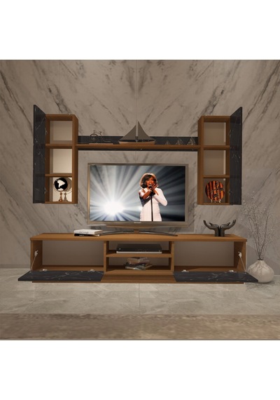 Decoraktiv Eko 5db Mdf Dvd Tv Ünitesi Tv Sehpası Ceviz - Siyah Mermer