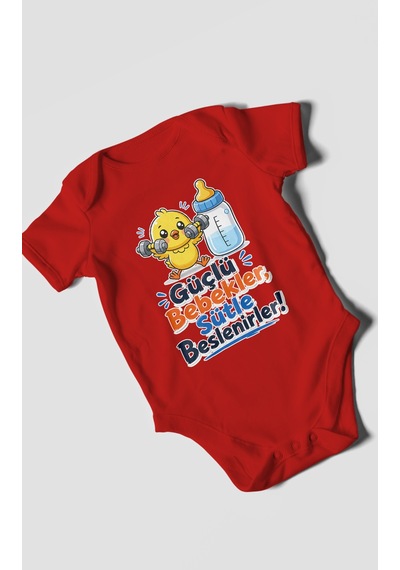 Morivokids Güçlü Bebekler Sütle Beslenir Kısa Kollu Bebek Body %100 Pamuk Kırmızı