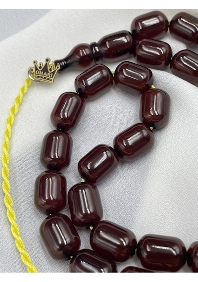 Omari Osmanlı Benzetme Kapsül Kesim Koyu Vişne Sıkma Kehribar Tesbih 9x12 Mm Bordo