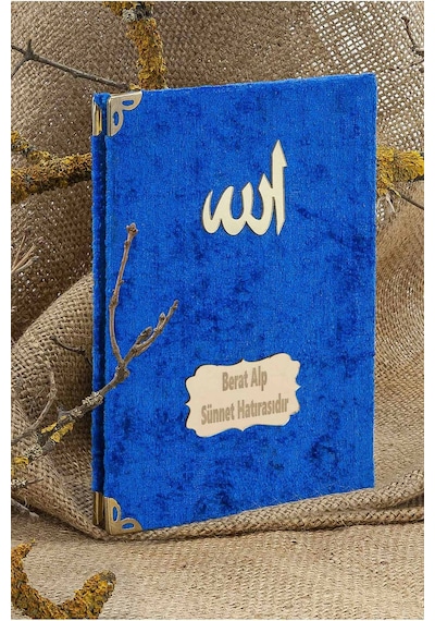 25 Adet - İsme Özel Kadife Kaplı Yasin Kitabı - Mevlüt Hediyesi - Çanta Boy - 128 Sayfa - Mavi Mavi