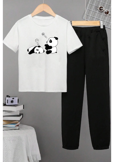Uyguntarz Çocuk Sleep Panda Alt - Üst Eşofman Takımı Beyaz
