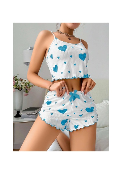 Mr Owl Kadın Beyaz Mavi Kalp Desenli Askılı Şortlu Pijama Takımı