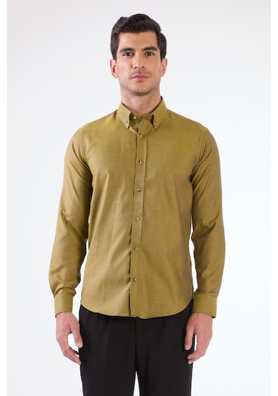 Dufy Koyu Sarı Erkek Slim Fit Düz Brent Düğmeli Yaka Uzun Kol Gömlek - 102489 Koyu Sarı