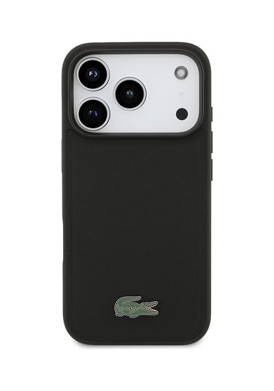 Apple Uyumlu iPhone 18 Pro Kılıf Lacoste Lisanslı M-safe Şarj Özellikli Pu Pike Desenli Metal Logolu Kapak Siyah